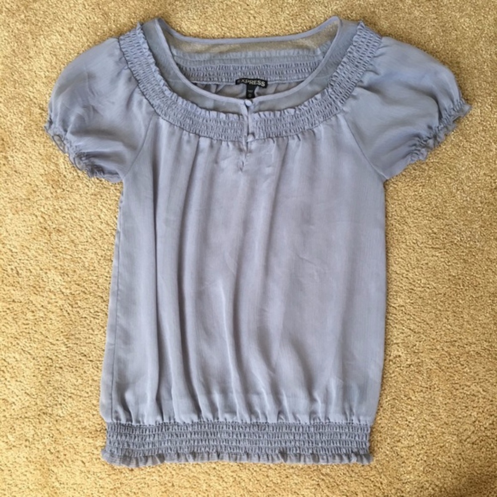 Sheer silver Express top with elastic ruffles